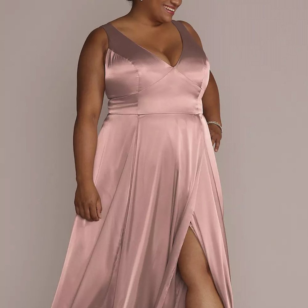 Galina Signature , charmeuse tank v-neck bridesmaid dress with slit